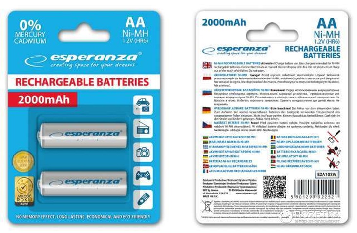 Акумулятор Ni-MH AA 2000 mAh, 2шт, бiлий ESPERANZA EZA103W