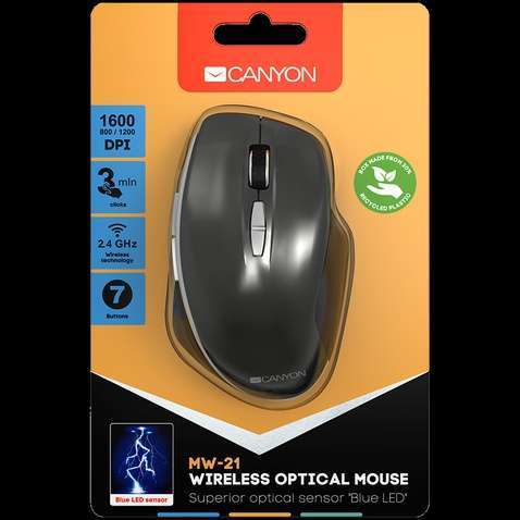 Миша Canyon  2.4 GHz  Wireless mouse ,with 7 buttons, DPI 800/1200/1600, Battery:AAA*2pcs  ,Dark gray72*1