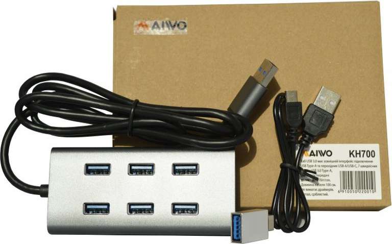 Концентратор USB Maiwo 7х USB3.0-порти, кабель 15 см, метал, без БЖ USB Type-C концентратор (Hub)