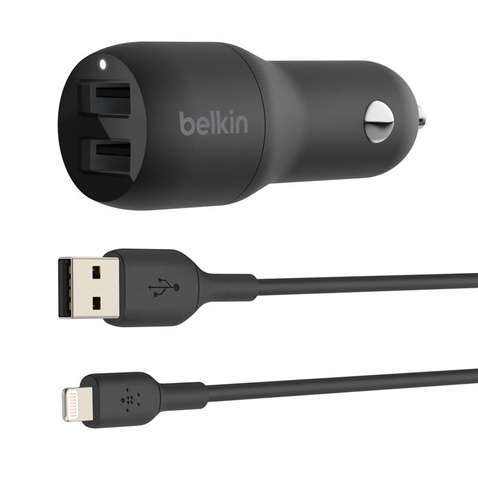 Автомобільний зарядний пристрій Belkin Car Charger (24W) Dual USB-A, USB-A - Lightning, 1m, black CCD001BT1MBK