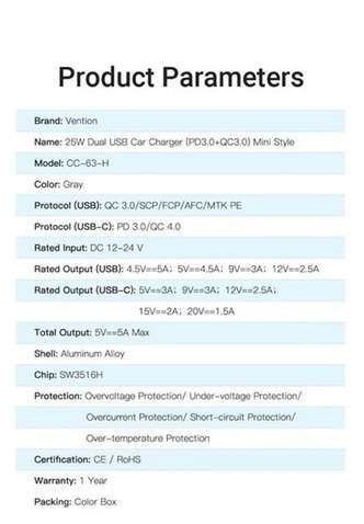 Автомобільний зарядний пристрій  Vention Power Delivery Port + QC3.0 (2USB, 24W) Grey (CC-63-H)