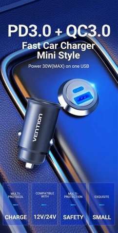 Автомобільний зарядний пристрій  Vention Power Delivery Port + QC3.0 (2USB, 24W) Grey (CC-63-H)