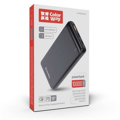 Зовнішній акумулятор (Power Bank) ColorWay Slim PD 10000mAh Black (CW-PB100LPG3BK-PD)