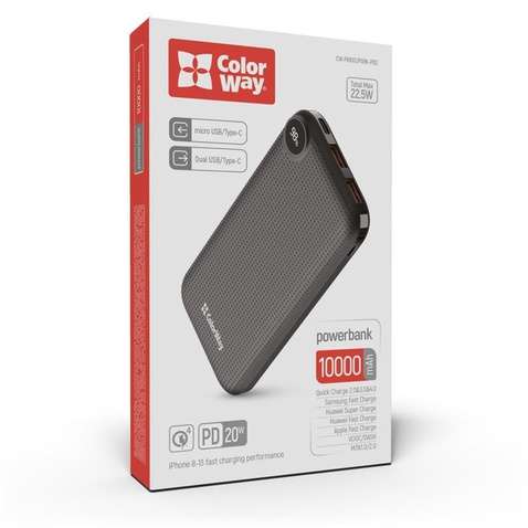 Зовнішній акумулятор (Power Bank) Colorway 10000mAh LCD (USB QC3.0 + USB-C PowerDelivery 22.5W) Black