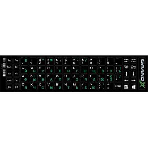 Наклейка на клавіатуру Grand-X 68 keys Cyrillic green, Latin white (GXDPGW)