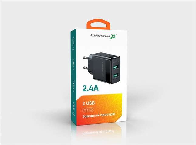 Зарядний пристрій Сетевое зарядное устройство Grand-X (2xUSB 2.4А) Black (CH-50)