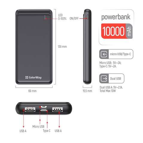 Зовнішній акумулятор (Power Bank) Colorway 10000mAh Slim, Black