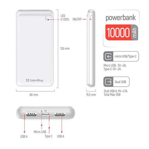 Зовнішній акумулятор (Power Bank)  Colorway 10000mAh Slim, White