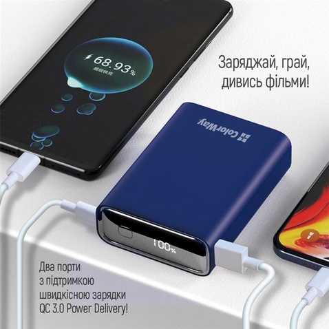 Зовнішній акумулятор (Power Bank) Colorway 20000mAh Full power (USB QC3.0 + USB-C PD 22.5W) Blue