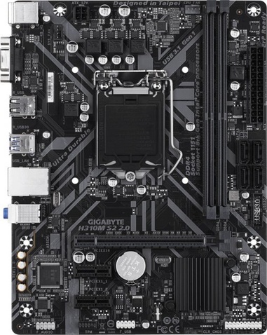 MB GIGABYTE H310M S2, Socket 1151, 8-е поколение Intel Core i7/Core i5/Core i3/Pentiu, 1 x PCI-Eх 3.0 x16, 2 x PCI-Eх 2.0 x1, Intel, Intel H310, DDR4, 32 GB, 4 x Sata 6.0 Gb/s, 2 x USB 3.1 Gen1, 4-х USB 2.0, UEFI, Micro-ATX, BOX