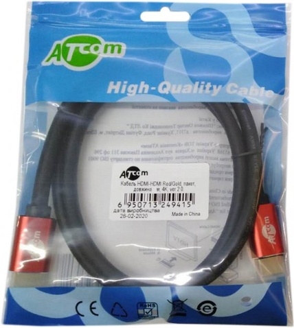 Кабель HDMI-HDMI ATcom Red/Gold, пакет, довжина 2 м, 4K, ver 2.0 (24942)