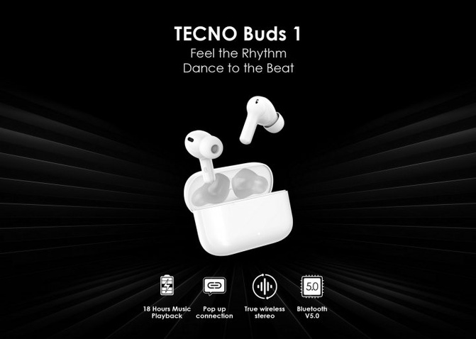 Навушники Tecno Buds 1 White (4895180763274)гарнітура, бездротове, Bluetooth, 5.0, 16 Ом, Випромінювач - 7 мм, відкриті, 105 дБ, 6 годин