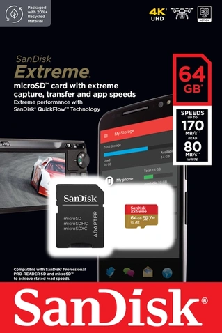 MicroSDXC 64GB SanDisk Class 10 UHS-I U3 Extreme V30 (SDSQXAH-064G-GN6MA)