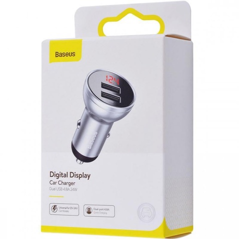 Автомобільний зарядний пристрій  Baseus Digital Display Dual USB 4.8A 24W Срібна (CCBX-0S)
