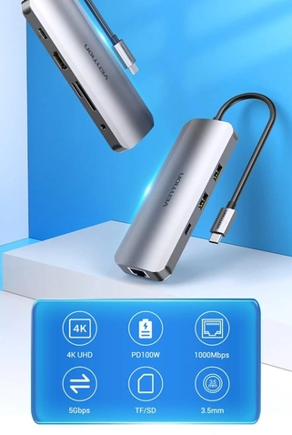 USB Type-C концентратор (Hub) Vention 9-в-1 Type-C -- HDMI/USB 3.0x2/RJ45/USB-C/SD/TF/TRRS 3.5mm