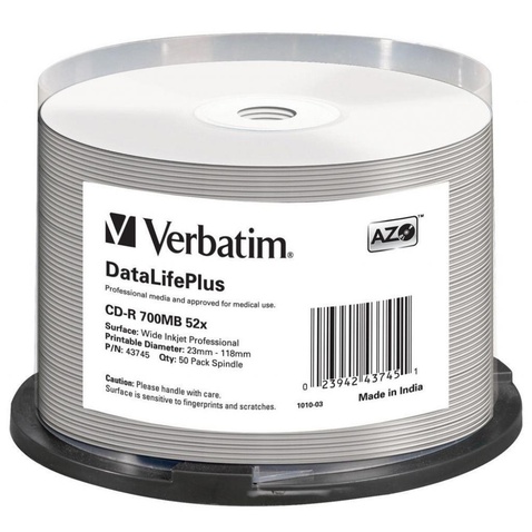 Диск CD-R Verbatim 700Mb 52x Cake box Printable (43745)