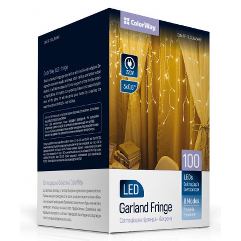 Гірлянда ColorWay Бахрома 3мx0.6м 100Led (IP20) теплий білий (CW-GF-100L36VWW)