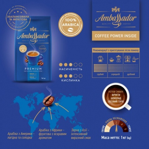 Кава AMBASSADOR в зернах 1000г пакет, "Blue Label" (am.53233)