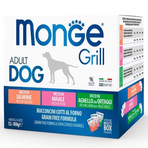 Вологий корм для собак Monge Dog Grill Mix Lamb&Pork&Salmon 12*100 г (8009470017503)