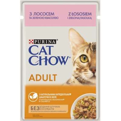 Вологий корм для кішок Purina Cat Chow Adult з лососем і зеленою квасолею в желе 85г (7613036595063)