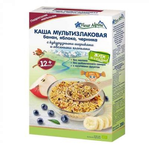 Дитяча каша Fleur Alpine безмолочна мультизлакова банан-яблуко-чорниця 200 г (1184019)