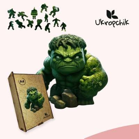 Пазл Ukropchik дерев'яний Супергерой Халк А3 в коробці з набором-рамкою (Hulk Superhero A3)