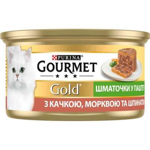 Паштет для котів Purina Gourmet Gold. З качкою, морквою і шпинатом. Шматочки в паштеті 85 г (7613033728778)