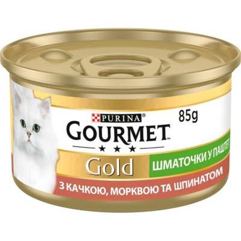 Паштет для котів Purina Gourmet Gold. З качкою, морквою і шпинатом. Шматочки в паштеті 85 г (7613033728778)