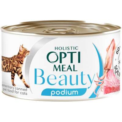 Консерви для котів Optimeal Beauty Podium смугастий тунець у соусі з кальмарами 70 г (4820215366243)
