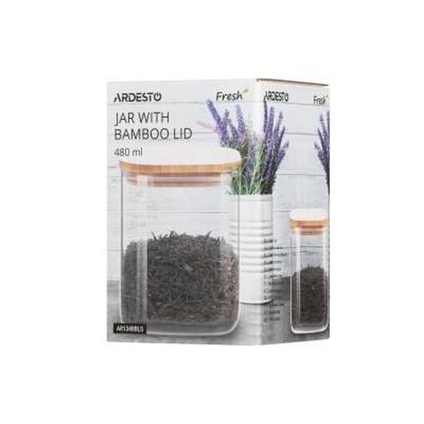 Ємність для сипучих продуктів Ardesto Fresh квадратна, скло, бамбук 480 мл (AR1348BLS)