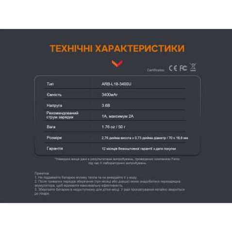 Акумулятор Fenix 18650 3400 mAh micro usb зарядка (ARB-L18-3400U)