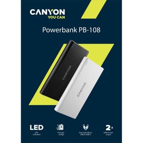 Батарея універсальна Canyon PB-108 10000mAh, Input 5V/2A, Output 5V/2.1A(Max), black (CNE-CPB1008B)