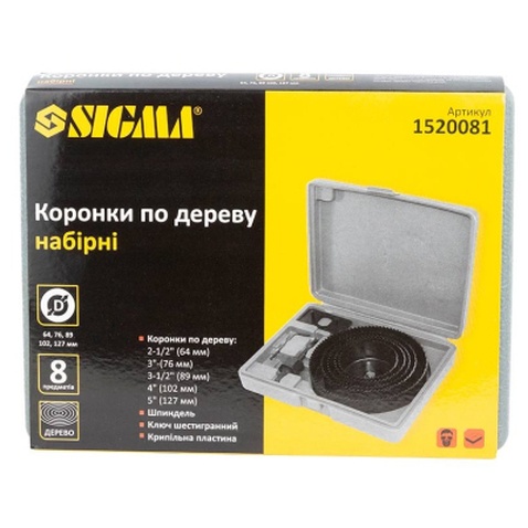 Коронка Sigma по дереву набірна 64, 76, 89, 102, 127 мм, кейс (1520081)