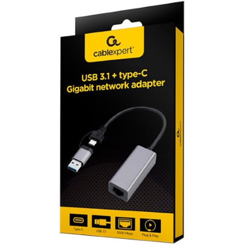 Адаптер USB-A/USB/C to 1Gbps Lan Cablexpert (A-USB3AC-LAN-01)