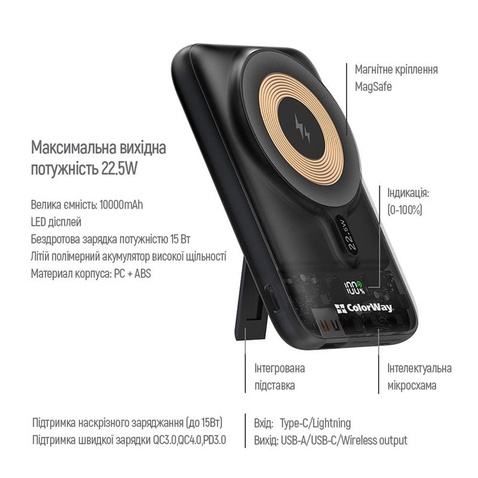 Зовнішній акумулятор ColorWay 15W MagSafe 10000mAh Black (CW-PB100LPA3BK-WPDD)