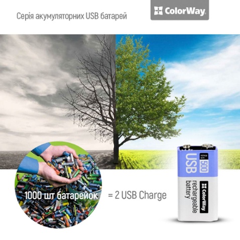 Акумулятор Крона USB-С 390 mAh 9V (Li-Polymer) ColorWay (CW-UB9V-06)