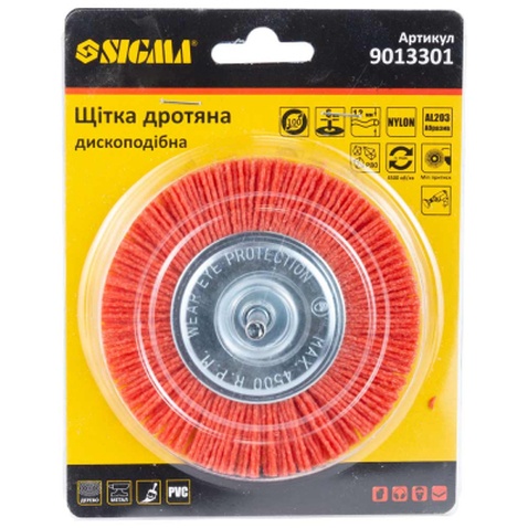 Щітка для електроінструменту Sigma дротяна дископодібна 100мм хвостовик 6мм нейлонова 9013301 (9013301)