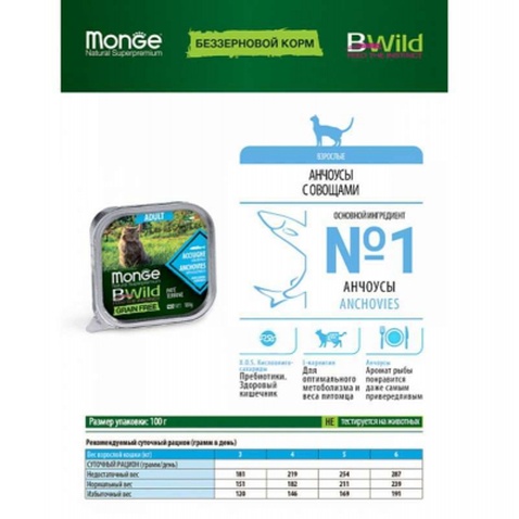 Паштет для котів Monge BWild Grain Free Wet Anchovies Adult Cat 100 г (8009470012874)