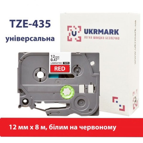 Стрічка для принтера етикеток UKRMARK B-T435P, ламінована, 12мм х 8м, white on red, аналог TZe435 (900784)