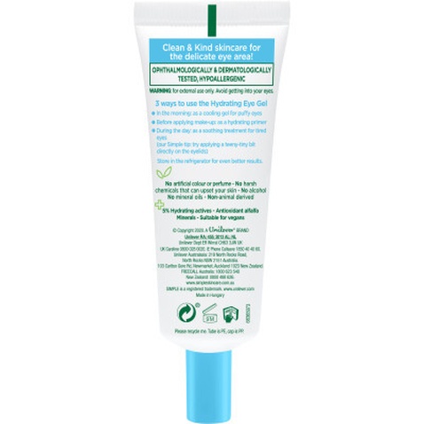 Гель для обличчя Simple Hydrating Eye Gel Water Boost Зволожуючий для області навколо очей 25 мл (8720181047879)