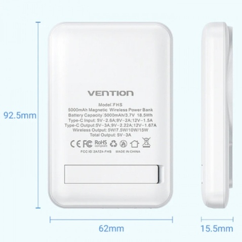 Батарея універсальна Vention Magnetic Wireless 5000mAh 20W 3A, PD USB-C, Light Indicator, White (FHSW0)