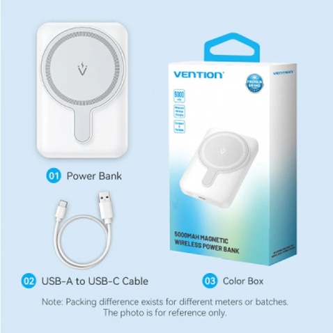 Батарея універсальна Vention Magnetic Wireless 5000mAh 20W 3A, PD USB-C, Light Indicator, White (FHSW0)