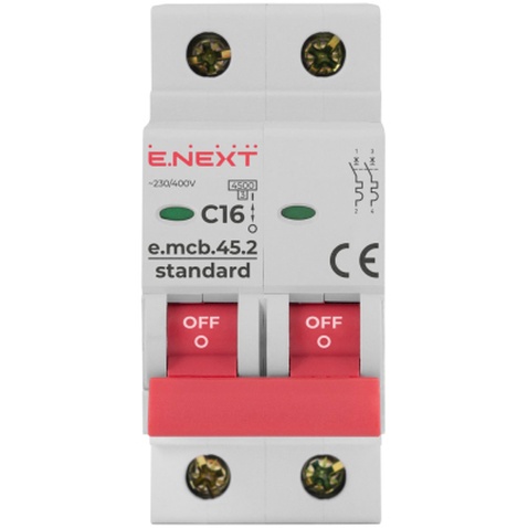 Автоматичний вимикач E.NEXT 2-п e.mcb.stand. 16А C ( 4,5кА) (s002017)