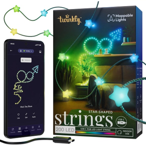 Гірлянда Twinkly Smart LED Strings USB 200 Star-shaped RGB LEDs, Green Wire, USB-C 12м (TWKS200RGB-G)