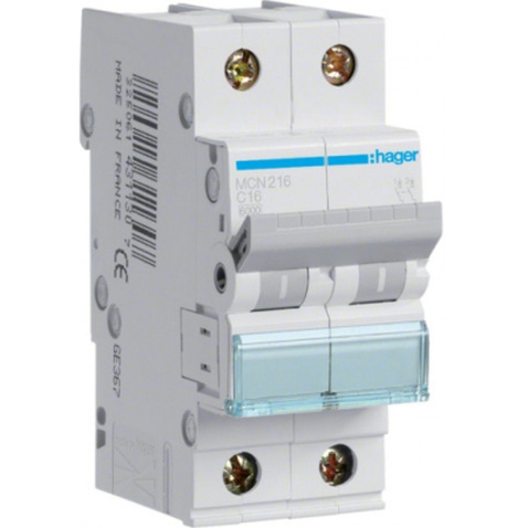 Автоматичний вимикач Hager 2-п. C 16A (6kA) 2M (A) (MCN216)