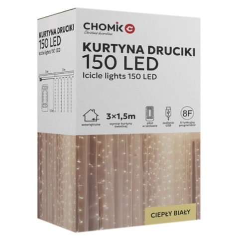 Гірлянда Chomik Штора" 150 LED теплий білий, 3x1,5 м, USB, з пультом, IP20, від мережі (5900779898479)